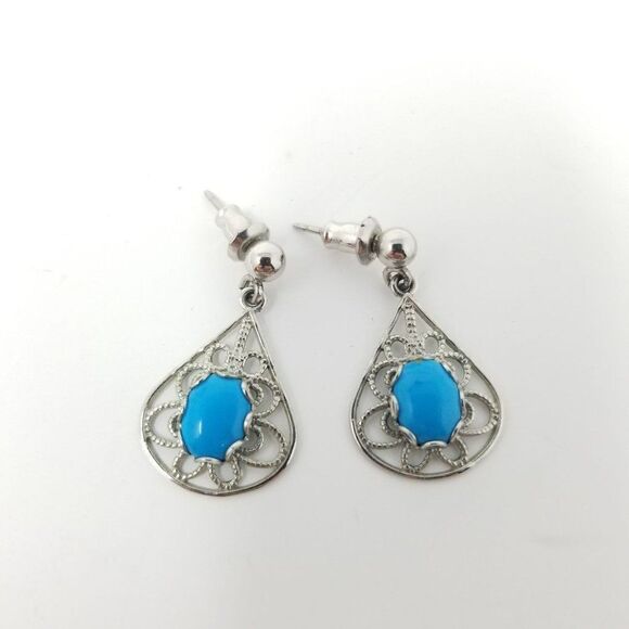 Vintage Blue Cabochon and Silver Tone Filigree Dangle Post Earrings, Estate - Picture 2 of 6
